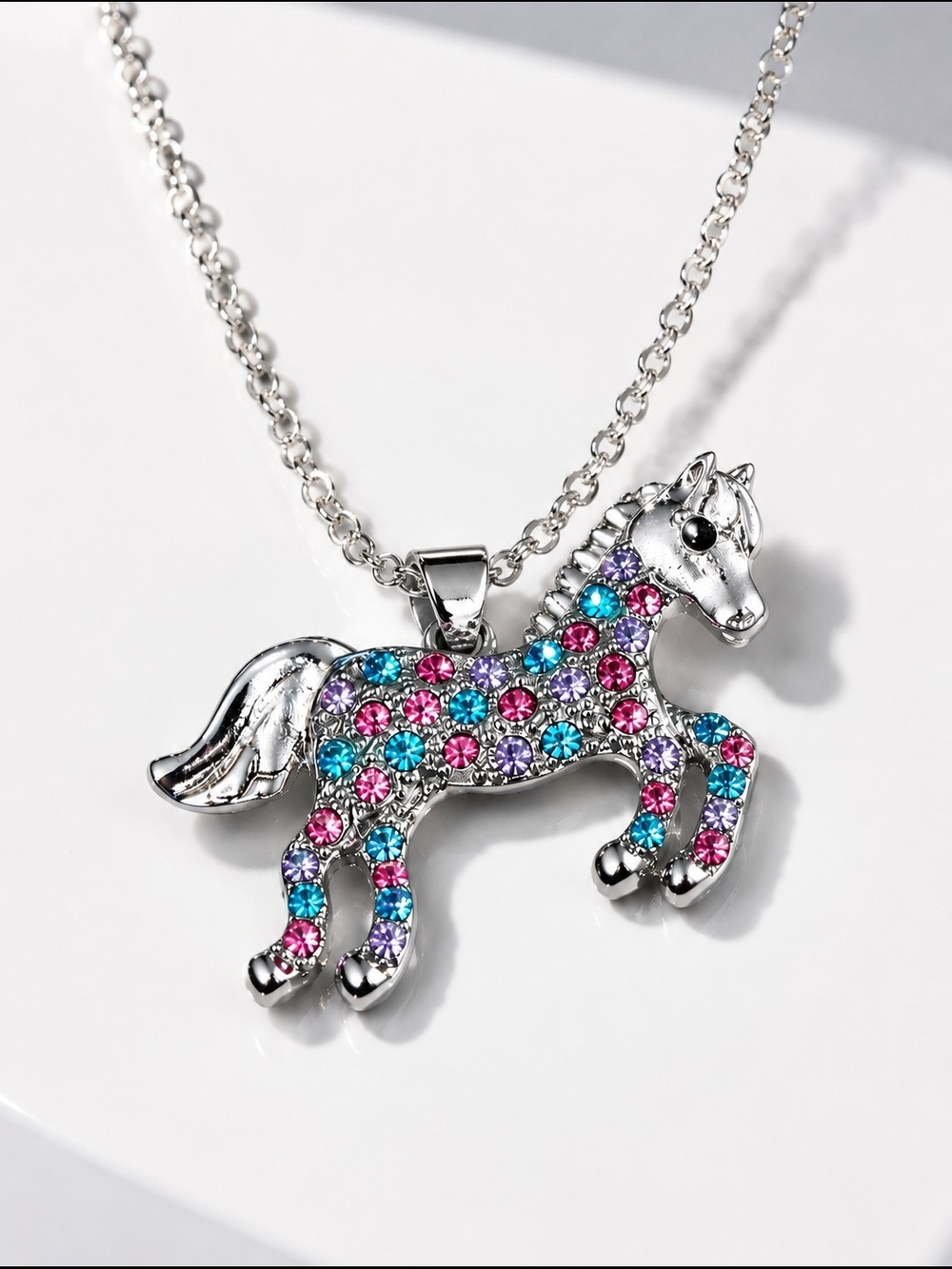 Multicolor Crystal Pony Pendant Necklace - Women's Silver Tone Jewelry